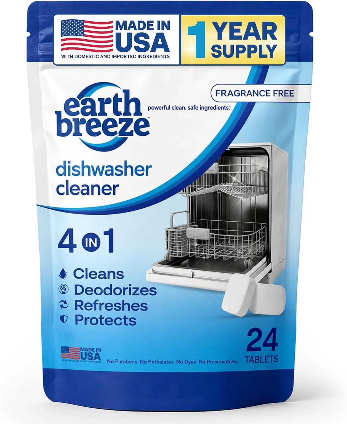 Earth Breeze Dishwasher Cleaner Tablets 4-in-1 Fragrance Free