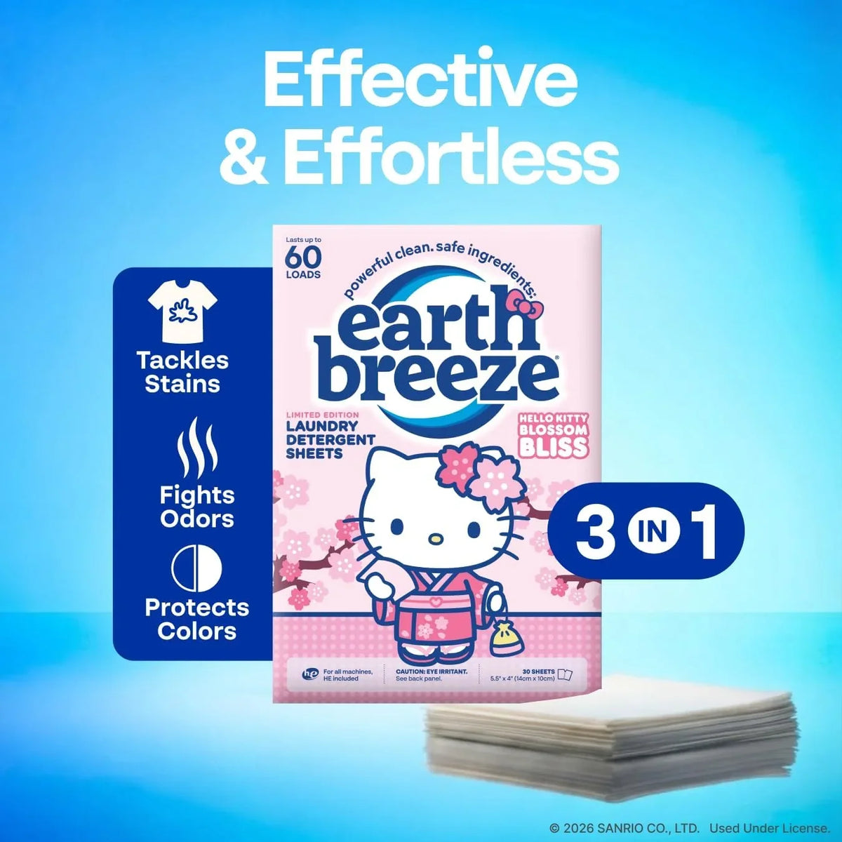 Earth Breeze Hello Kitty Laundry Detergent Sheets, Blossom Bliss, 60 Loads