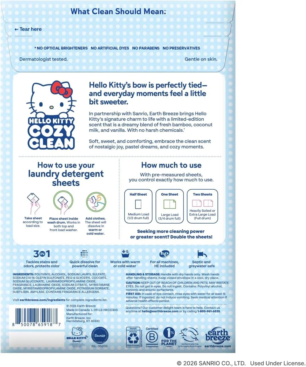 Earth Breeze Hello Kitty Laundry Detergent Sheets, Cozy Clean, 60 Loads