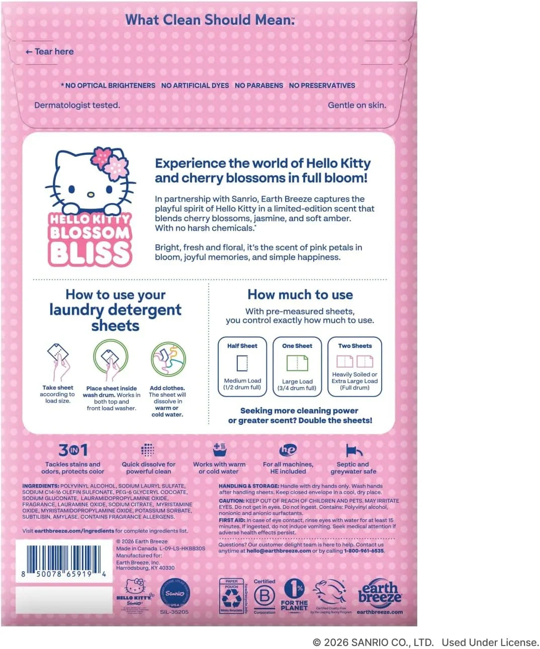 Earth Breeze Hello Kitty Laundry Detergent Sheets, Blossom Bliss, 60 Loads
